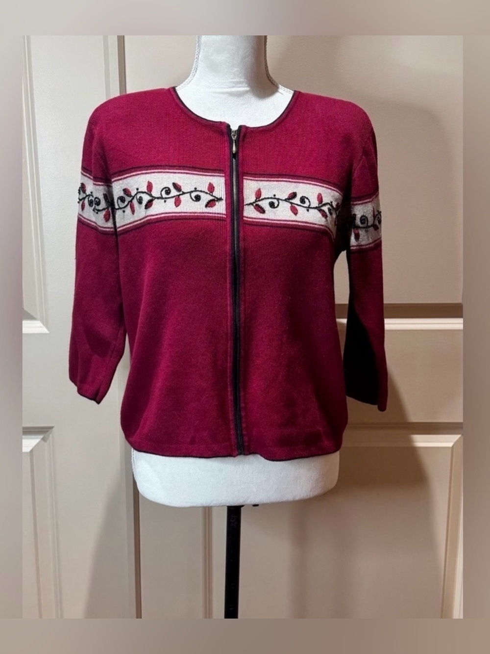 Christopher & Banks Berry and Cream Embroidered Zip Cardigan